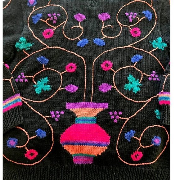 Vintage Needleworks hand knitted chunky cotton sweater, Flower Embroideries,  si - Picture 8 of 15